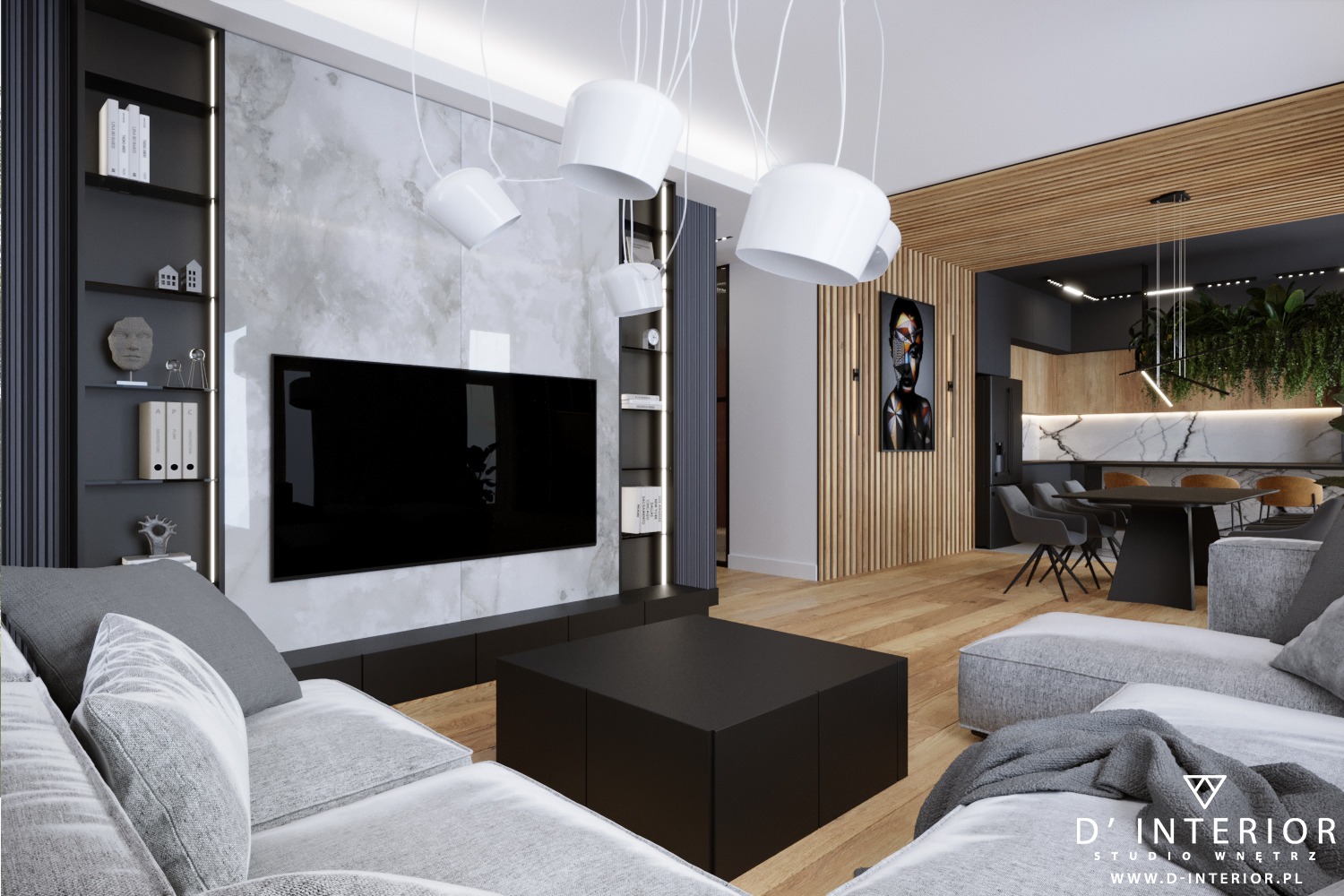 Nowoczesny salon z szarą sofą, czarnym stolikiem kawowym i ścianą z telewizorem, uzupełniony oświetleniem wiszącym i drewnianymi panelami ściennymi w tle