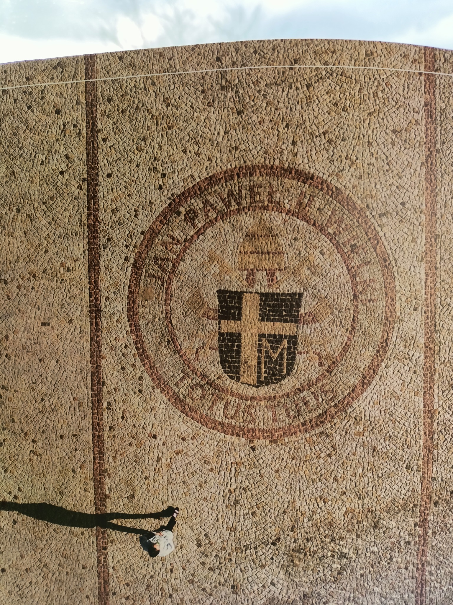 Mozaika z kostki granitowej przedstawiająca herb w okręgu, z widoczną sylwetką osoby rzucającej cień.