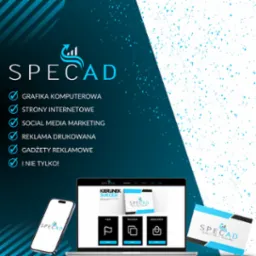 Prezentacja usług agencji marketingowej Specad z Jawora: grafika komputerowa, strony internetowe, social media marketing, reklama drukowana, gadżety reklamowe. Na ekranie laptopa i smartfona...