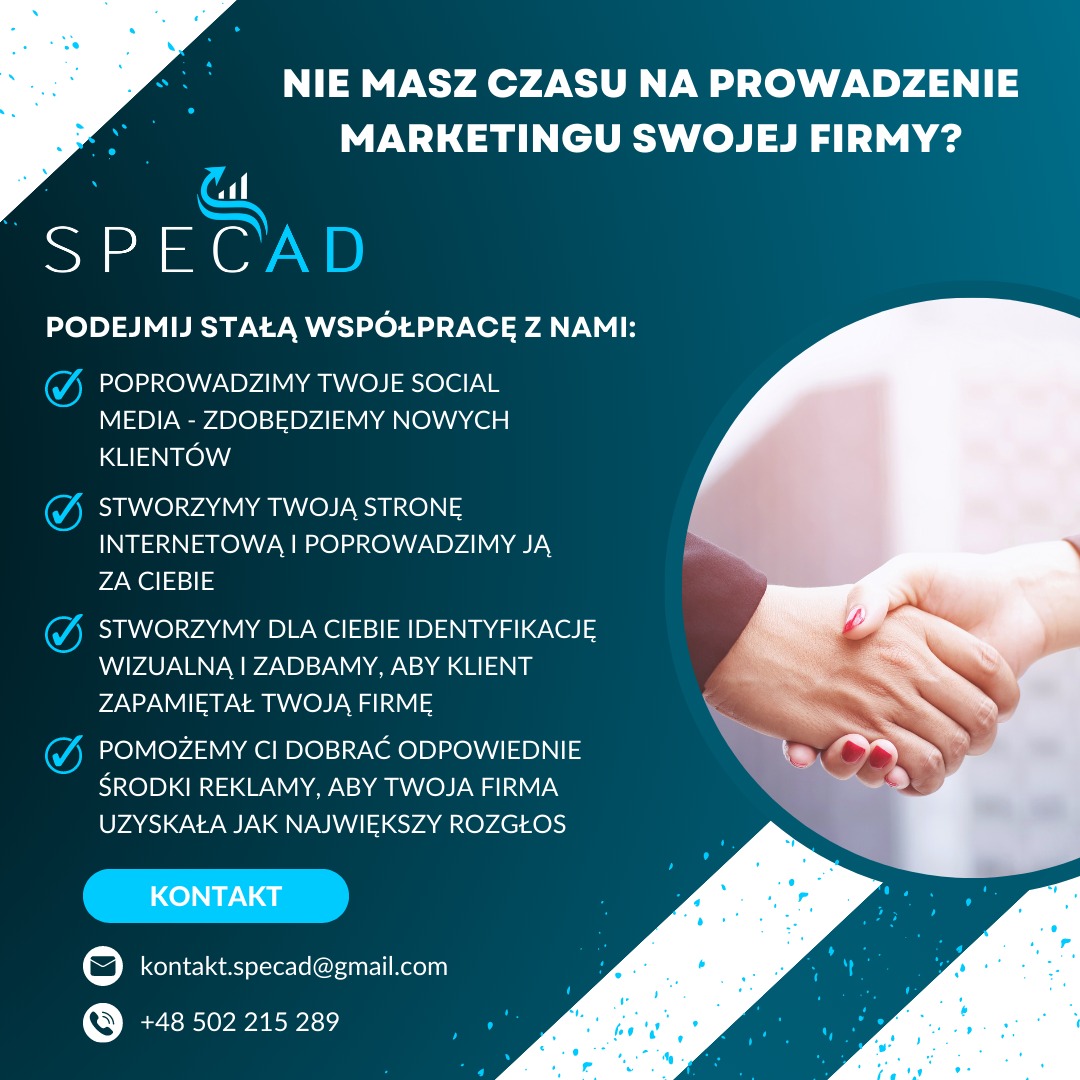 Grafika reklamowa agencji marketingowej Specad z hasłem 'Nie masz czasu na prowadzenie marketingu swojej firmy?', ofertą współpracy obejmującą social media, strony internetowe i identyfikację...
