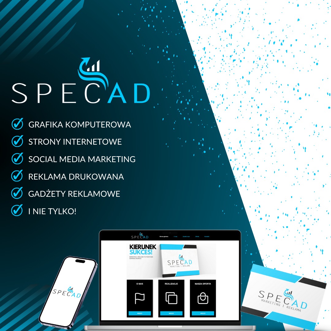 Prezentacja usług agencji marketingowej Specad z Jawora: grafika komputerowa, strony internetowe, social media marketing, reklama drukowana, gadżety reklamowe. Na ekranie laptopa i smartfona...