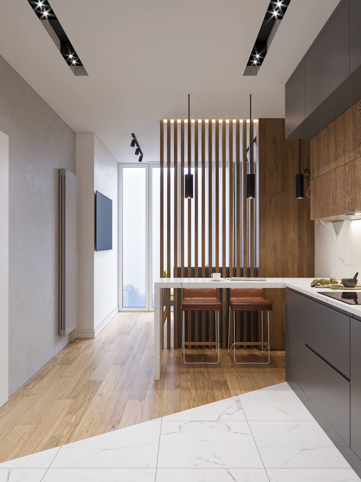 Nowoczesna kuchnia z drewnianymi akcentami: pionowe lamele, marmurowe blaty, parkiet przechodzący w białe płytki, minimalistyczne oświetlenie punktowe i wysokie krzesła barowe.