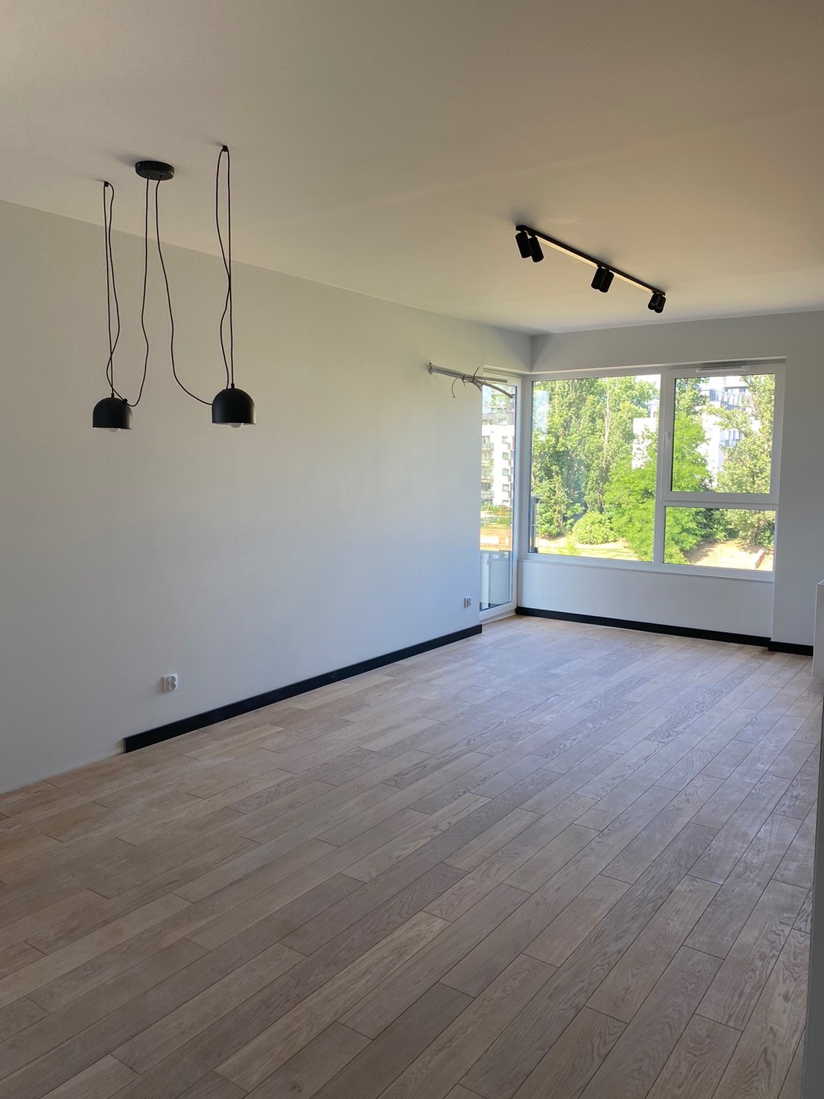 Jasne parkietowe panele podłogowe w pustym, nowym pokoju z dużym oknem i nowoczesnym oświetleniem sufitowym.