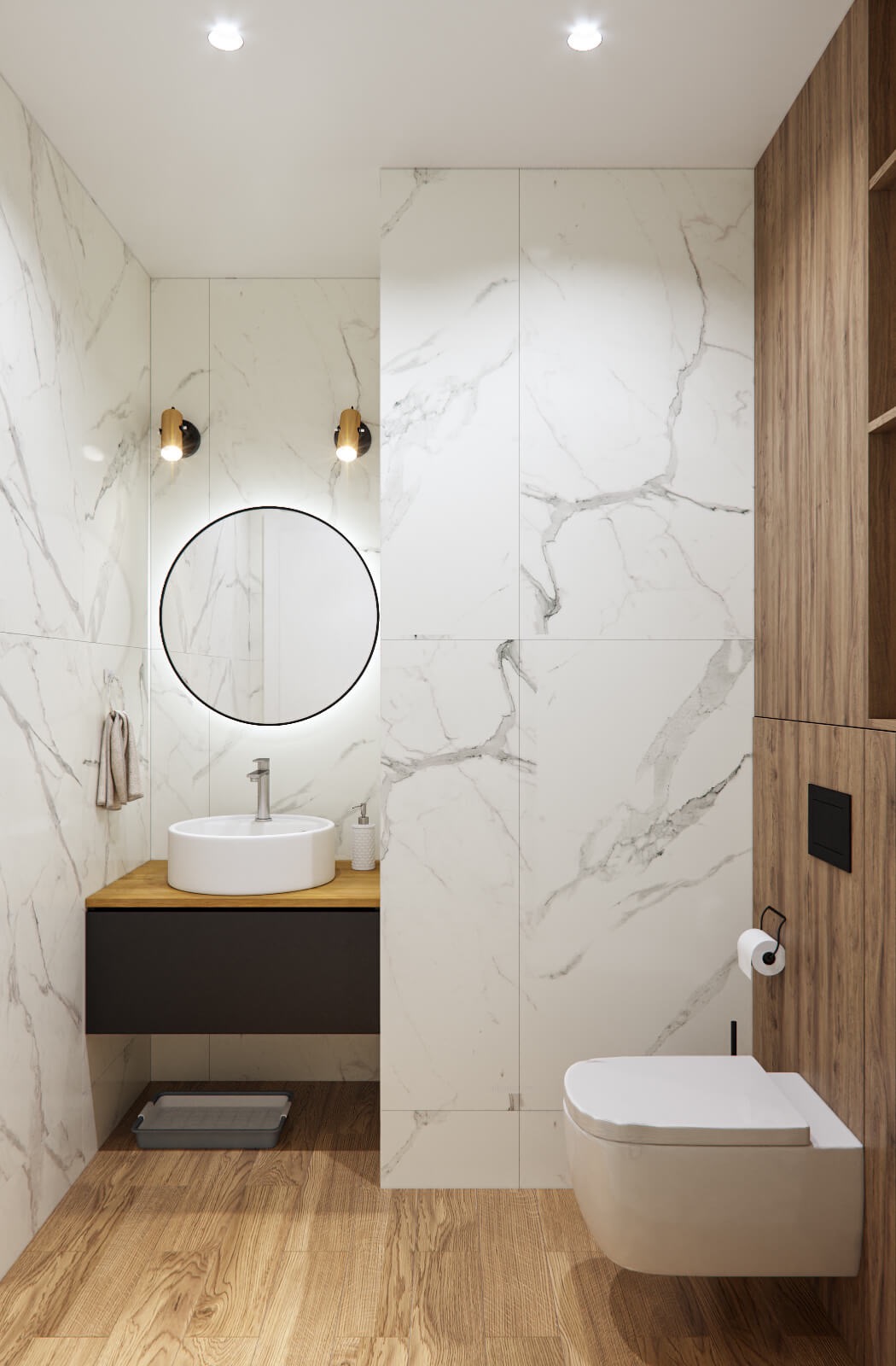 Nowoczesna łazienka we Wrocławiu z marmurowymi płytkami ściennymi, okrągłym lustrem z podświetleniem LED, drewnianą podłogą i wiszącą toaletą.