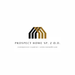 Logo firmy Prospect Home Sp. z o.o. z abstrakcyjnym symbolem domu w kolorach czarnym i złotym, pod nim nazwa firmy i informacja o zarządzaniu najmem i nieruchomościami.