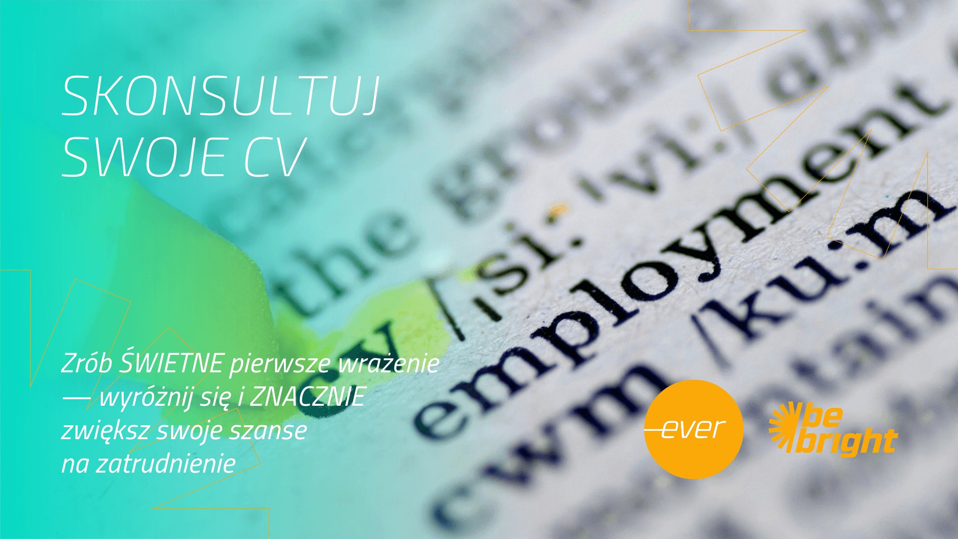 Tekst 'employment' w słowniku, zaznaczony zakreślaczem, z hasłem 'Skonsultuj swoje CV' i logotypami firm doradczych.