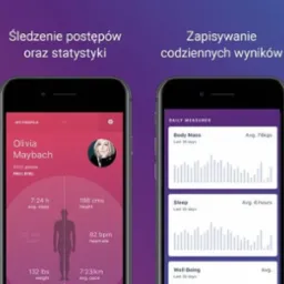 Ekrany smartfon&oacute;w prezentują aplikację do śledzenia trening&oacute;w, z r&oacute;żnymi zakładkami: dashboard z powitaniem, profil użytkownika z danymi biometrycznymi, codzienne pomiary masy ciała i snu...