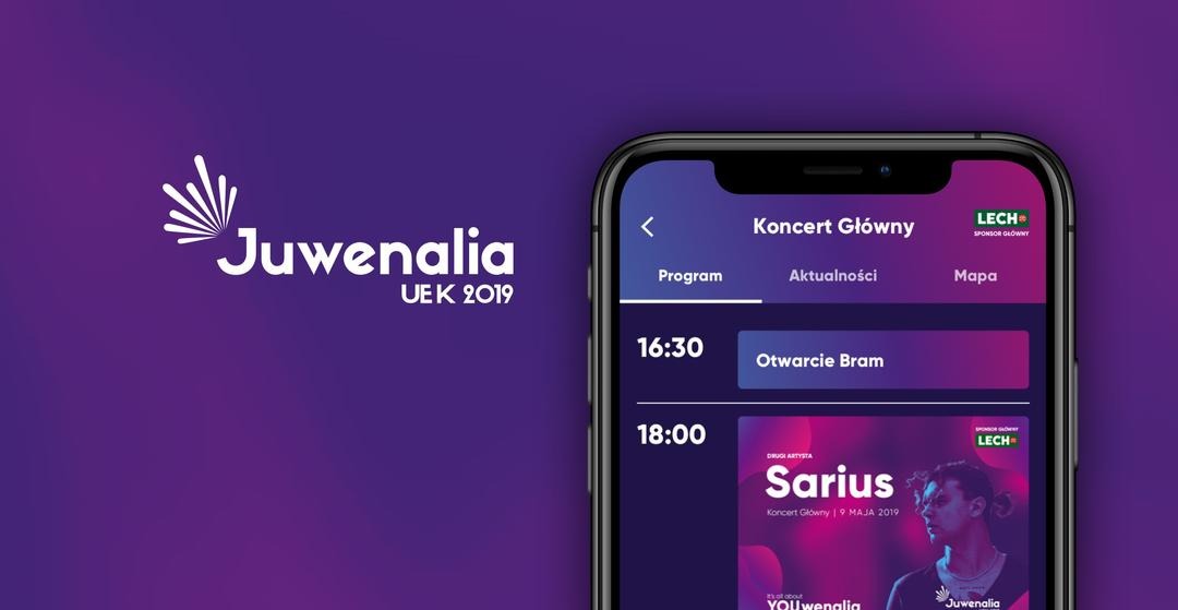 Grafika aplikacji mobilnej Juwenalia Uek 2019 w Warszawie, prezentująca program koncertu głównego z informacjami o otwarciu bram i występie Sarius'a, sponsorowana przez Lech.