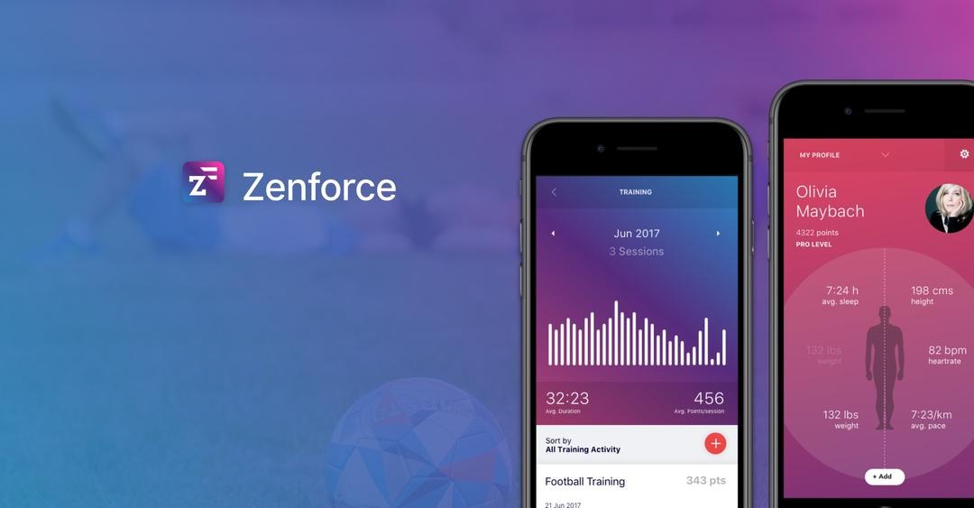 Dwa smartfony prezentujące interfejs aplikacji Zenforce do monitorowania aktywności fizycznej, z widokiem danych treningowych, takich jak czas trwania, punkty, sen, waga, tętno i tempo.