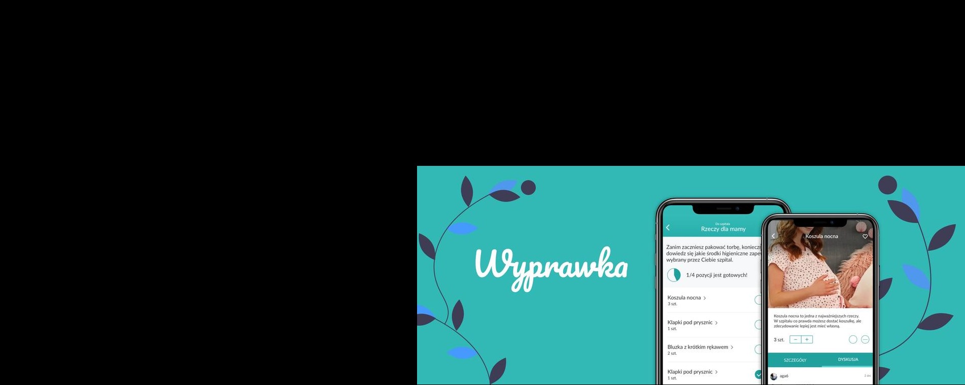 Dwa smartfony wyświetlające aplikację z listą rzeczy do spakowania do szpitala dla mamy, z ilustracją kobiety w koszuli nocnej w ciąży.