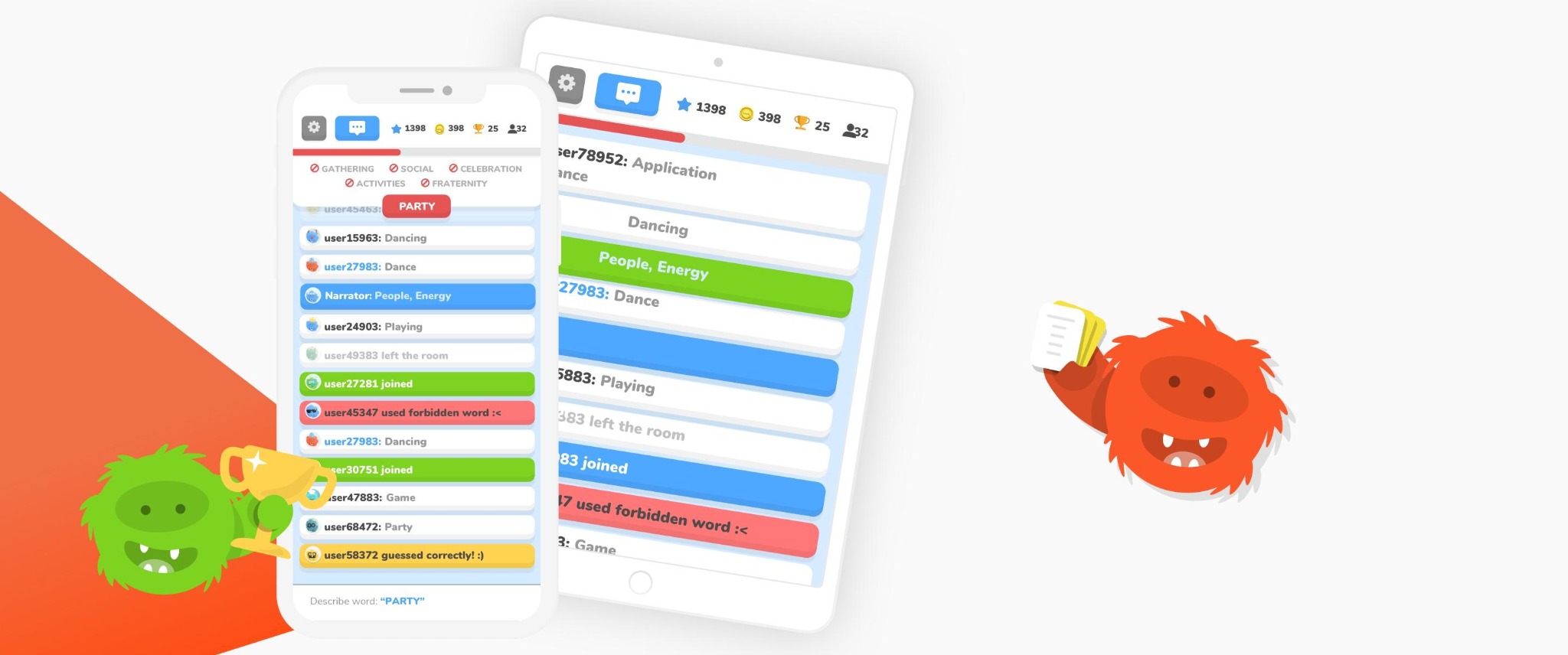 Ekran smartfona i tabletu prezentujący interfejs aplikacji do gier online z listą użytkowników, ich aktywnościami i punktacją, obok grafika pomarańczowego i zielonego potworka.