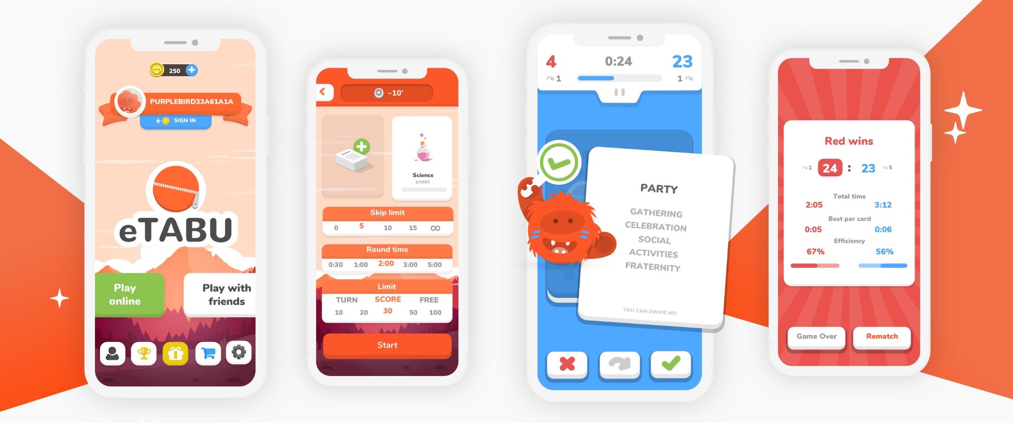 Zestaw czterech zrzutów ekranu aplikacji mobilnej eTABU, prezentujących interfejs użytkownika, w tym ekran logowania z awatarem, ustawienia gry, rozgrywkę z kartą 'PARTY' i wyniki końcowe.