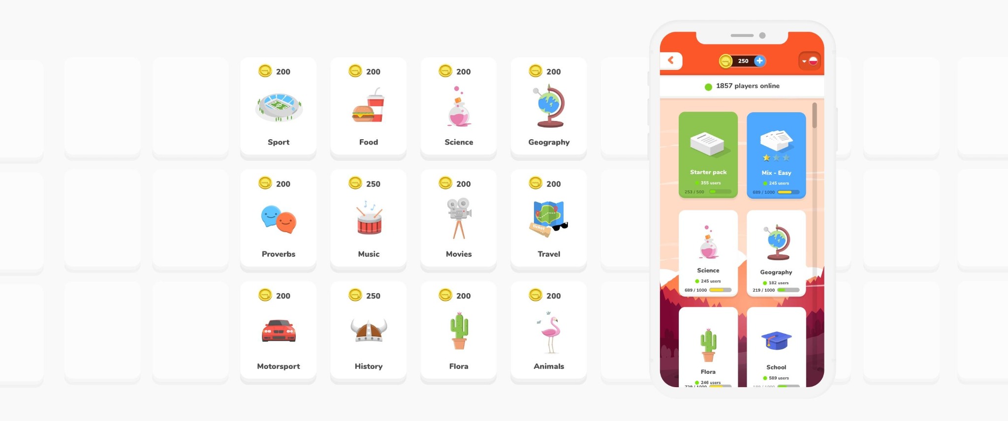 Interfejs mobilnej aplikacji edukacyjnej z kartami tematycznymi: Sport, Jedzenie, Nauka, Geografia, Przysłowia, Muzyka, Filmy, Podróże, Motorsport, Historia, Flora, Zwierzęta. Ekran smartfona...