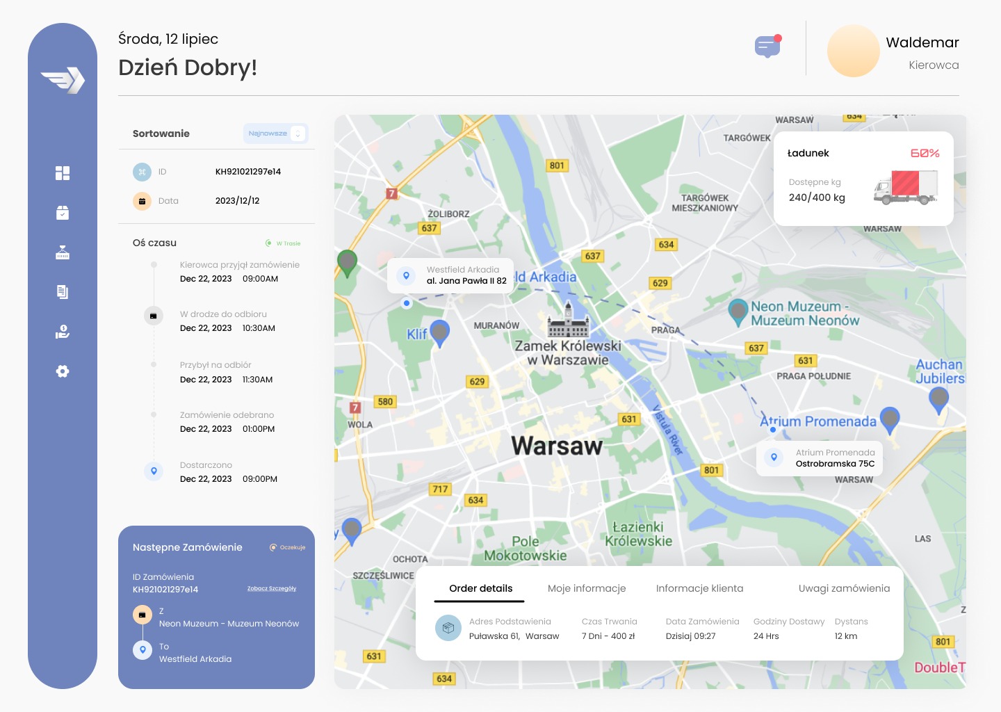 Zrzut ekranu aplikacji do śledzenia przesyłek w Warszawie, pokazujący mapę z zaznaczonymi punktami odbioru i dostawy, informacje o zamówieniu, takie jak ID, data, oś czasu realizacji, adresy...