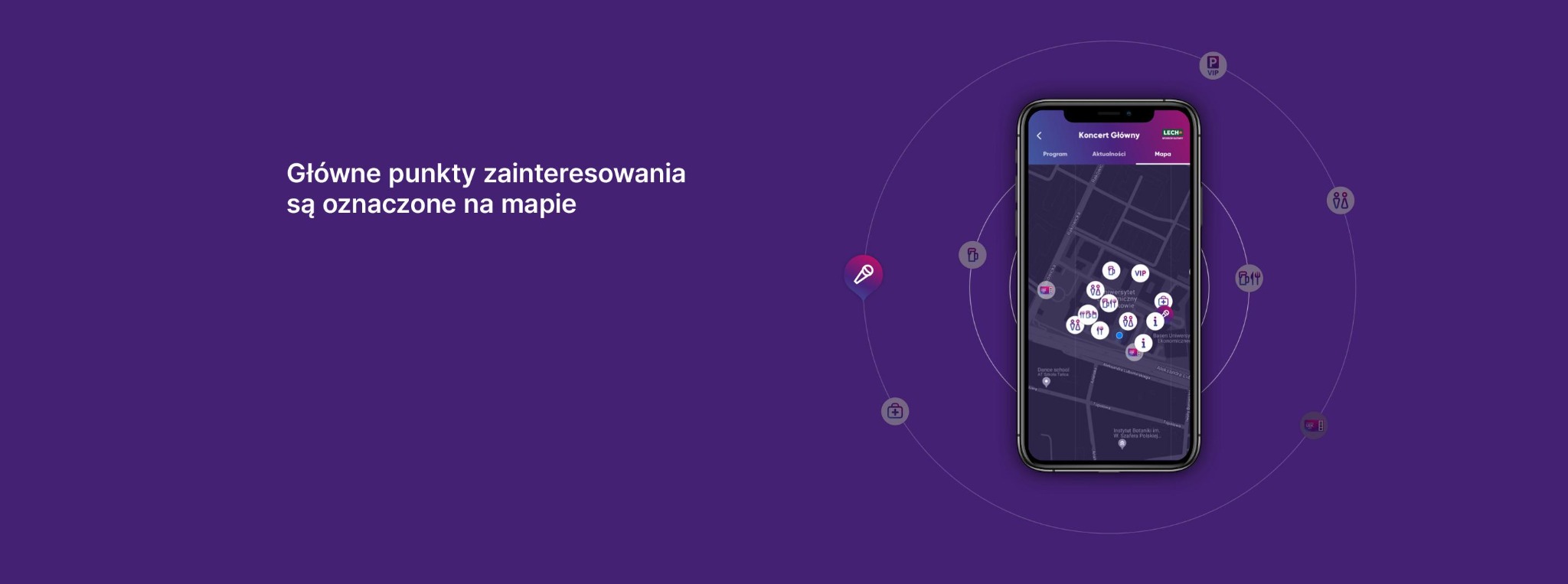 Aplikacja mobilna na smartfonie wyświetla mapę z oznaczonymi punktami zainteresowania podczas koncertu, z ikonami mikrofonu, piwa, informacji i parkingu VIP.