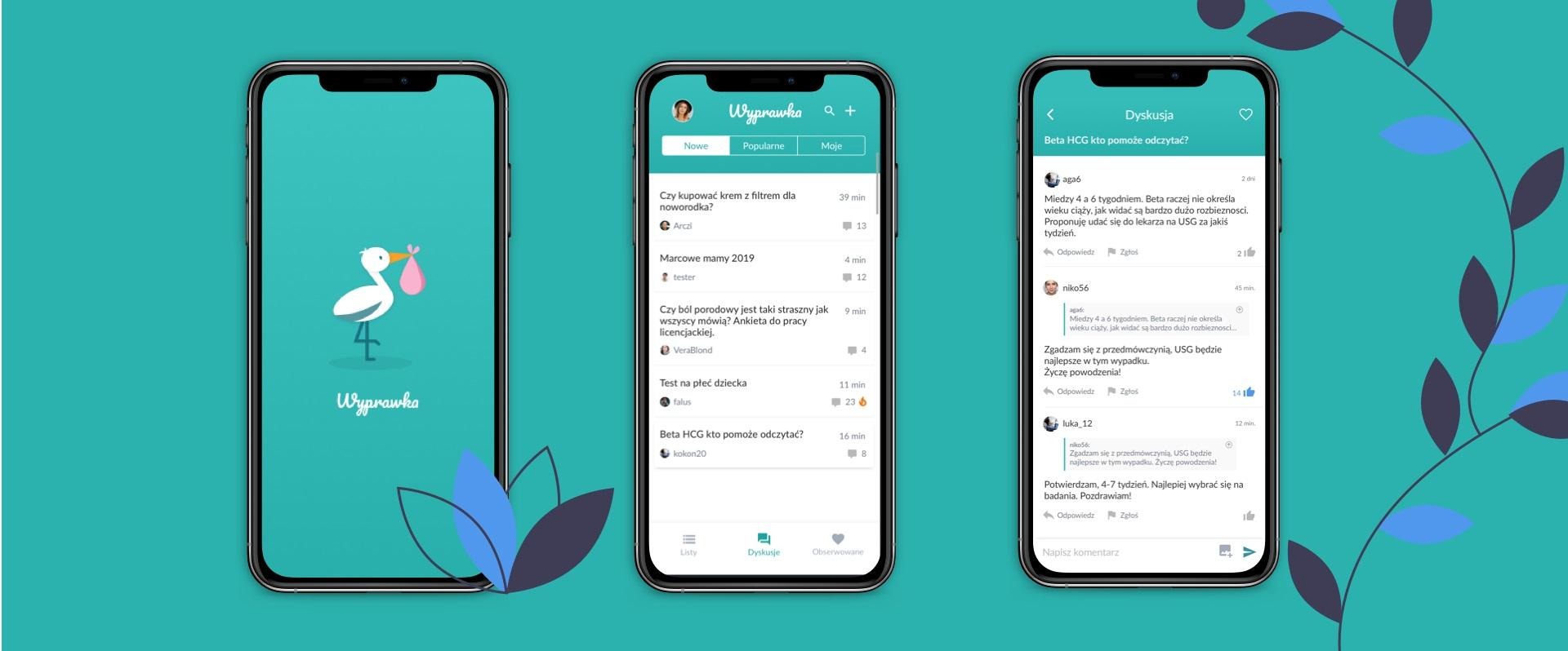 Zrzuty ekranu aplikacji mobilnej 'Wyprawka' z motywem bociana niosącego noworodka, prezentujące forum dyskusyjne z pytaniami i odpowiedziami dotyczącymi ciąży i opieki nad dzieckiem.