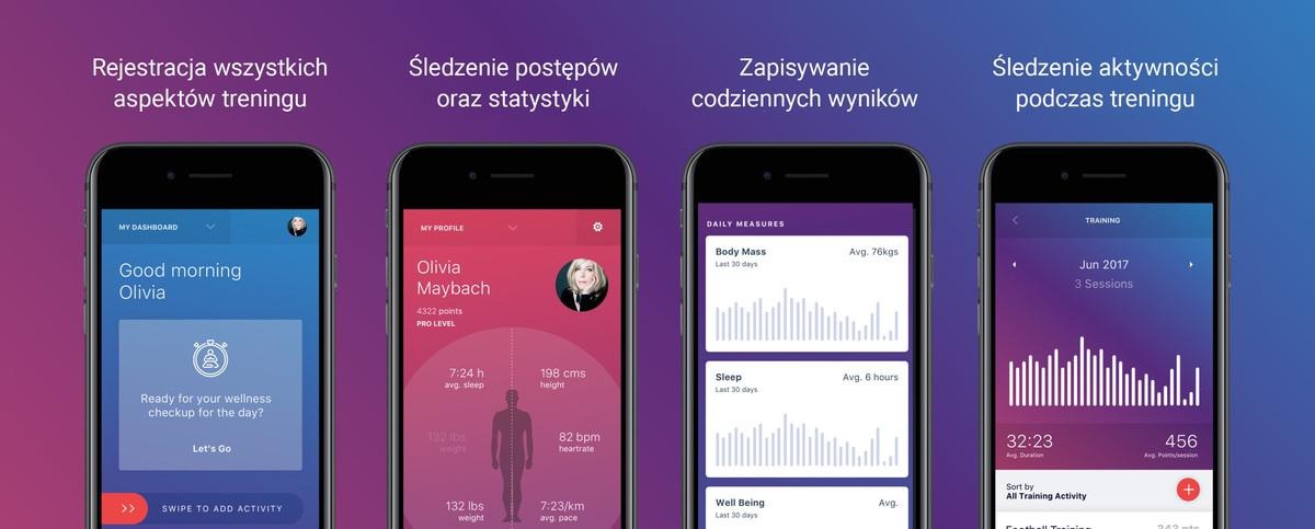 Ekrany smartfonów prezentują aplikację do śledzenia treningów, z różnymi zakładkami: dashboard z powitaniem, profil użytkownika z danymi biometrycznymi, codzienne pomiary masy ciała i snu...