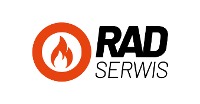 Logo firmy RAD Serwis z pomarańczowym symbolem płomienia w okręgu, obok napis 'RAD' nad 'SERWIS' w czcionce bezszeryfowej.