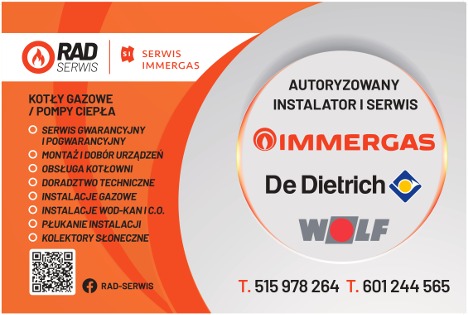 Wizytówka firmy instalacyjnej i serwisowej, oferującej kotły gazowe, montaż, obsługę kotłowni, instalacje gazowe i wod-kan, płukanie instalacji oraz kolektory słoneczne; autoryzowany instalator...