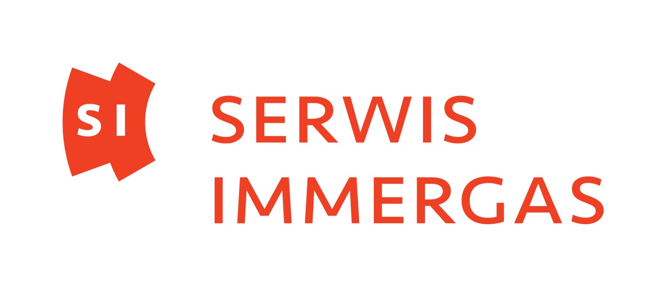 Logo firmy serwisującej urządzenia Immergas, z pomarańczowym znakiem graficznym i napisem SERWIS IMMERGAS na białym tle.