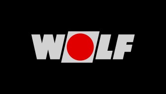 Logo firmy WOLF z czerwonym okręgiem zamiast litery O, na czarnym tle.