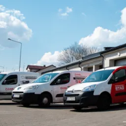 Trzy samochody dostawcze firmy Zamel zaparkowane przed budynkiem w słoneczny dzień. Jeden z samochodów ma czerwono-białe barwy i napis LPG.