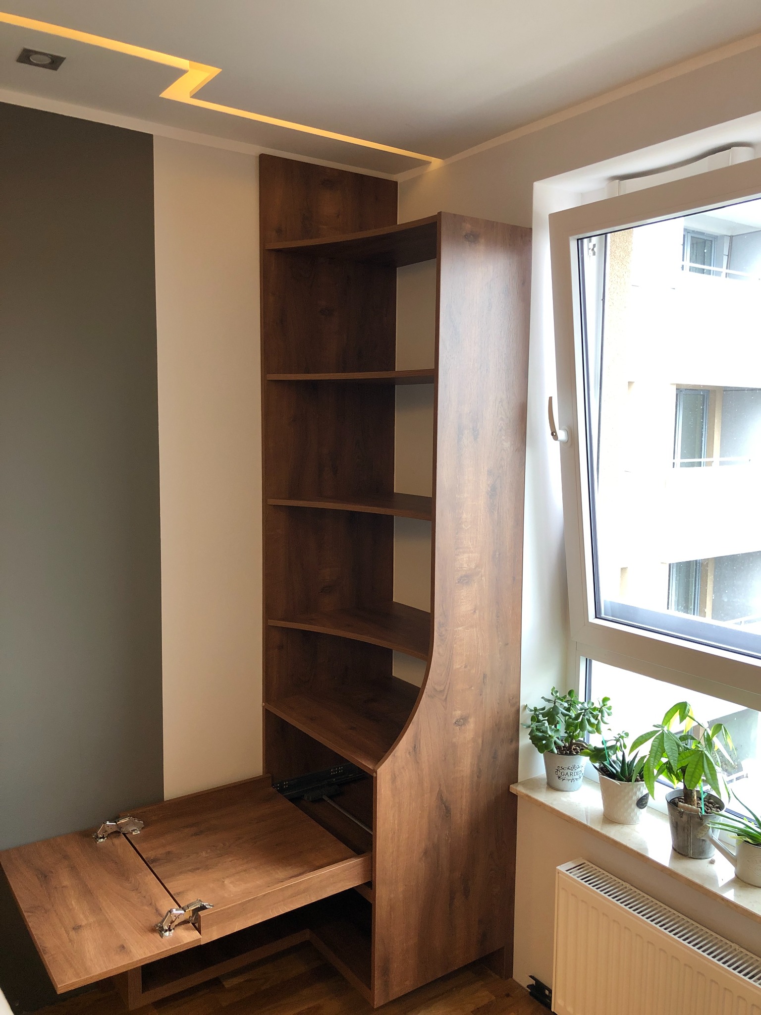 Drewniany regał z wysuwanym blatem biurka, umieszczony przy oknie z widokiem na budynek, oświetlony delikatnym światłem dziennym, z dekoracyjnymi roślinami doniczkowymi na parapecie.