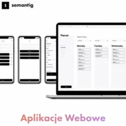 Aplikacja webowa 'Pierrot' na laptopie i smartfonach, prezentująca interfejs do zarządzania klientami, pracownikami i raportami, z widocznymi danymi adresowymi i opcjami wyboru dnia.