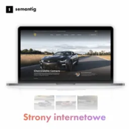 Laptop wyświetlający stronę internetową z czarnym Chevrolette Camaro na tle drogi, logo firmy 'semantig' w lewym górnym rogu, tekst 'Strony internetowe' na dole.