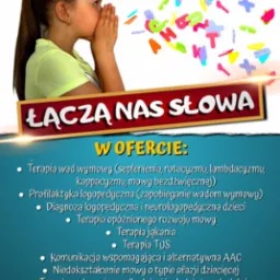 Dziewczynka z kucykiem przykłada dłonie do ust, nad nią unoszą się kolorowe litery, w tle oferta gabinetu logopedycznego z Olesna.