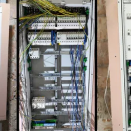 Trzy rozdzielnice elektryczne w trakcie montażu: pusta szafa z narzędziem, szafa z okablowaniem w trakcie podłączania i szafa z zainstalowanymi zabezpieczeniami.