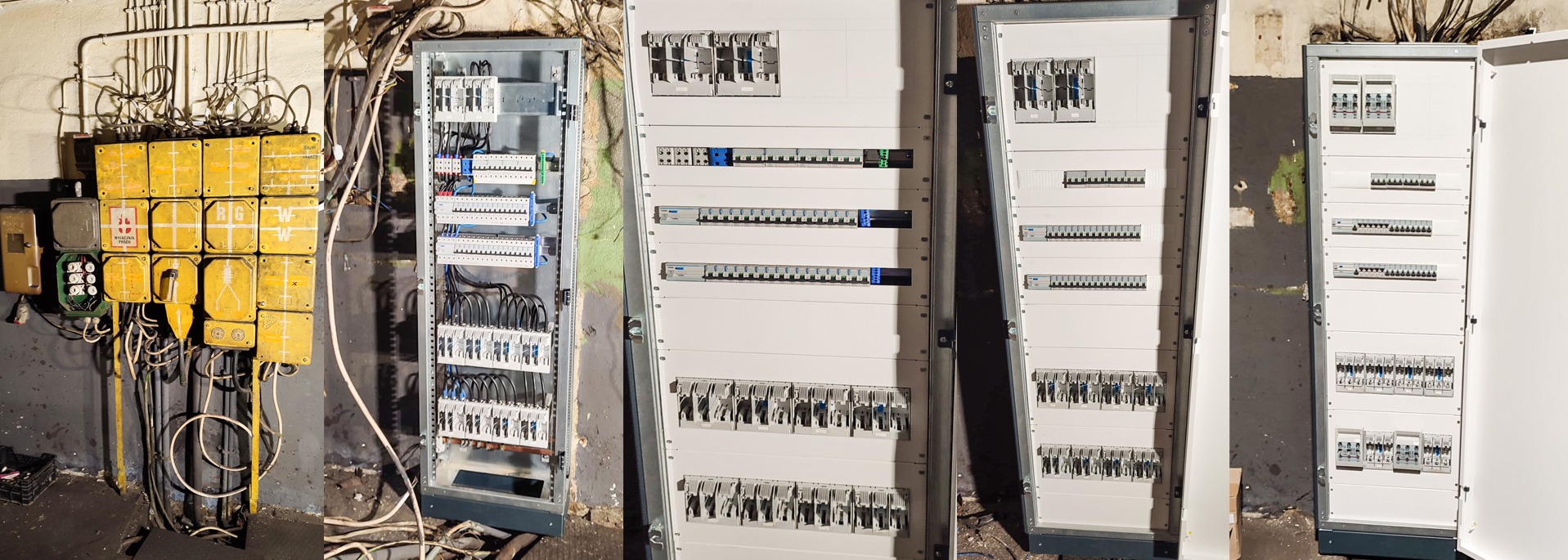 Rozdzielnice elektryczne z przewodami w surowym pomieszczeniu, widoczne żółte puszki instalacyjne i szare ściany.