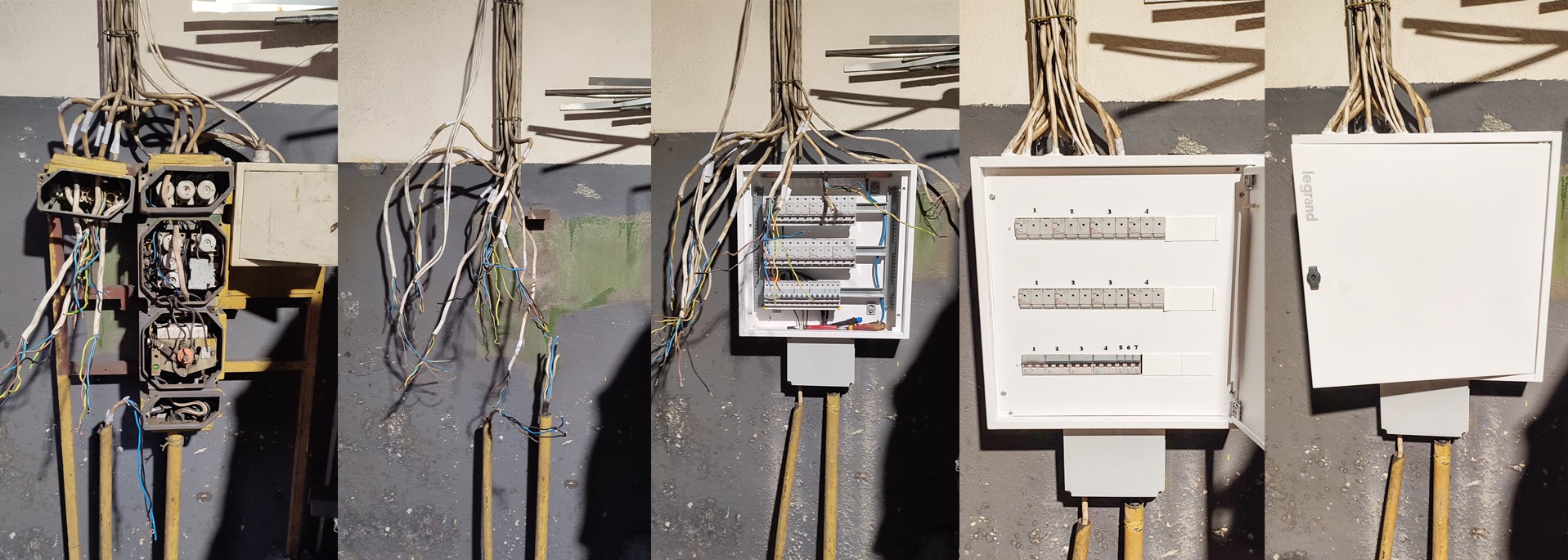 Cztery ujęcia instalacji elektrycznych: stara skrzynka bezpiecznikowa z otwartymi obudowami i wystającymi kablami, wiązka kabli wychodząca ze ściany, otwarta skrzynka elektryczna z widocznymi...