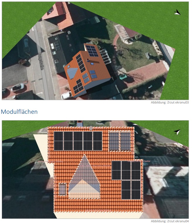 Wizualizacja rozmieszczenia paneli słonecznych na dachu domu jednorodzinnego, widok z góry na tle mapy satelitarnej okolicy.