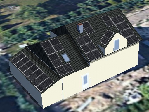 Wizualizacja 3D instalacji fotowoltaicznej na dachu domu jednorodzinnego w Rudzie Śląskiej, widok z góry, ukazujący rozmieszczenie paneli względem okien dachowych i komina.