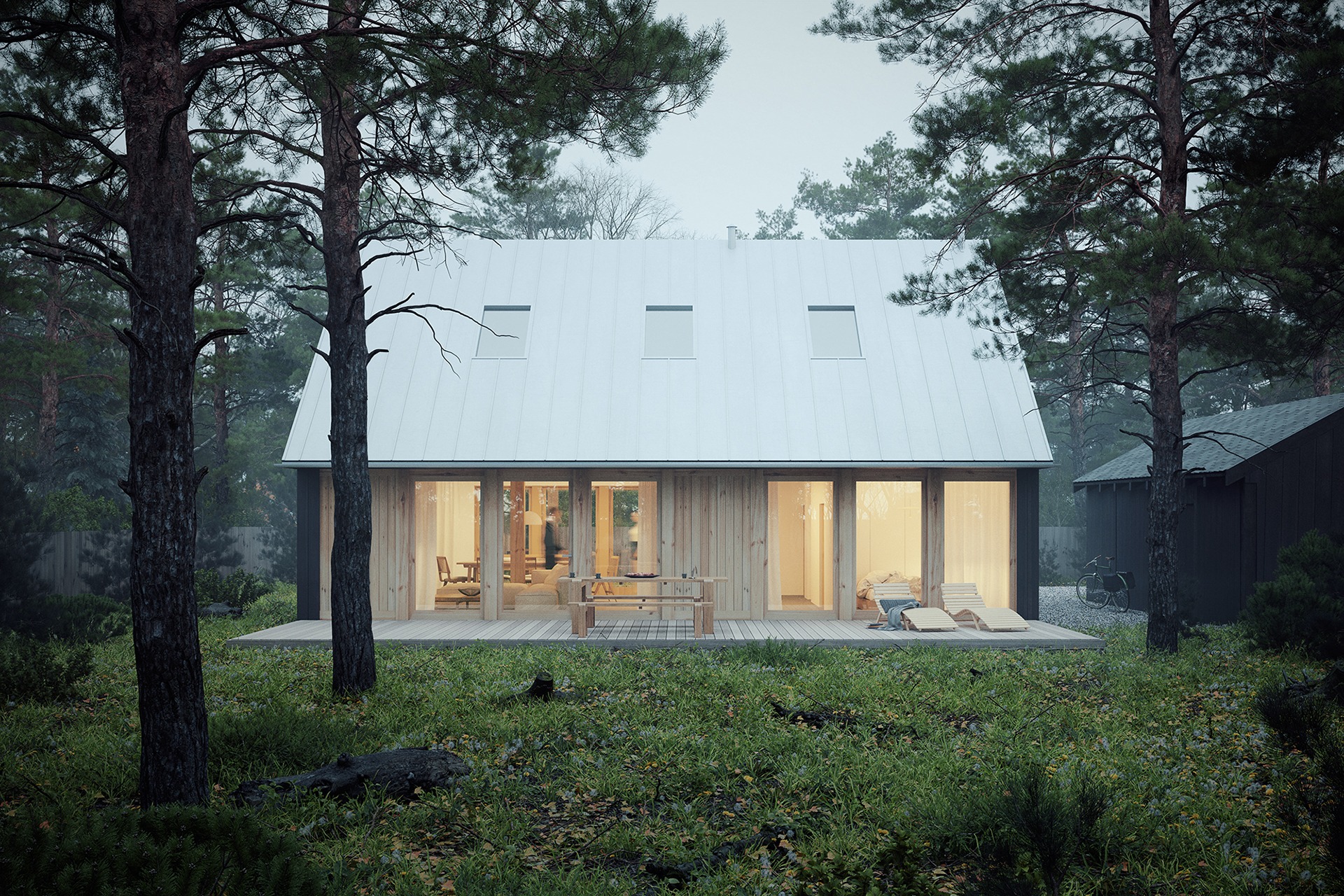 Nowoczesny dom z białym dachem i drewnianą elewacją, otoczony lasem, z widocznym tarasem i meblami ogrodowymi, oświetlony od wewnątrz.