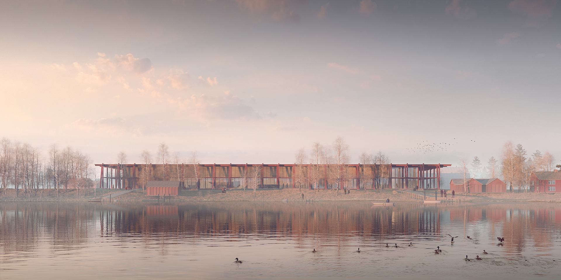 Wizualizacja budynku usługowego z czerwonymi elementami konstrukcyjnymi nad jeziorem w mglisty poranek, odbicie w wodzie, kaczki na pierwszym planie.