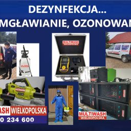 Multiwash Wielkopolska Sławomir Szewczuk - Kolaż zdjęć przedstawiający sprzęt i osoby w kombinezonach ochronnych podczas dezynfekcji i ozonowania, w tym zamgławiacze, generatory ozonu, samochód z napisem 'Ozonowanie', detektor ozonu...