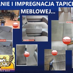Multiwash Wielkopolska Sławomir Szewczuk - Kolaż zdjęć prezentujący proces czyszczenia tapicerki meblowej, w tym krzeseł i kanap, z widocznymi efektami przed i po zabiegu, oraz używanym sprzętem czyszczącym.