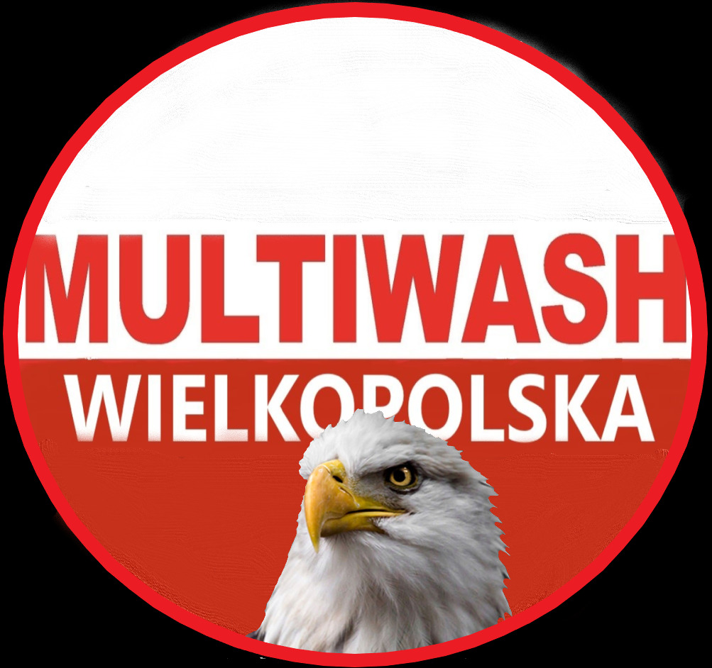 Okrągłe logo firmy Multiwash Wielkopolska z wizerunkiem orła bielika na czerwono-białym tle.