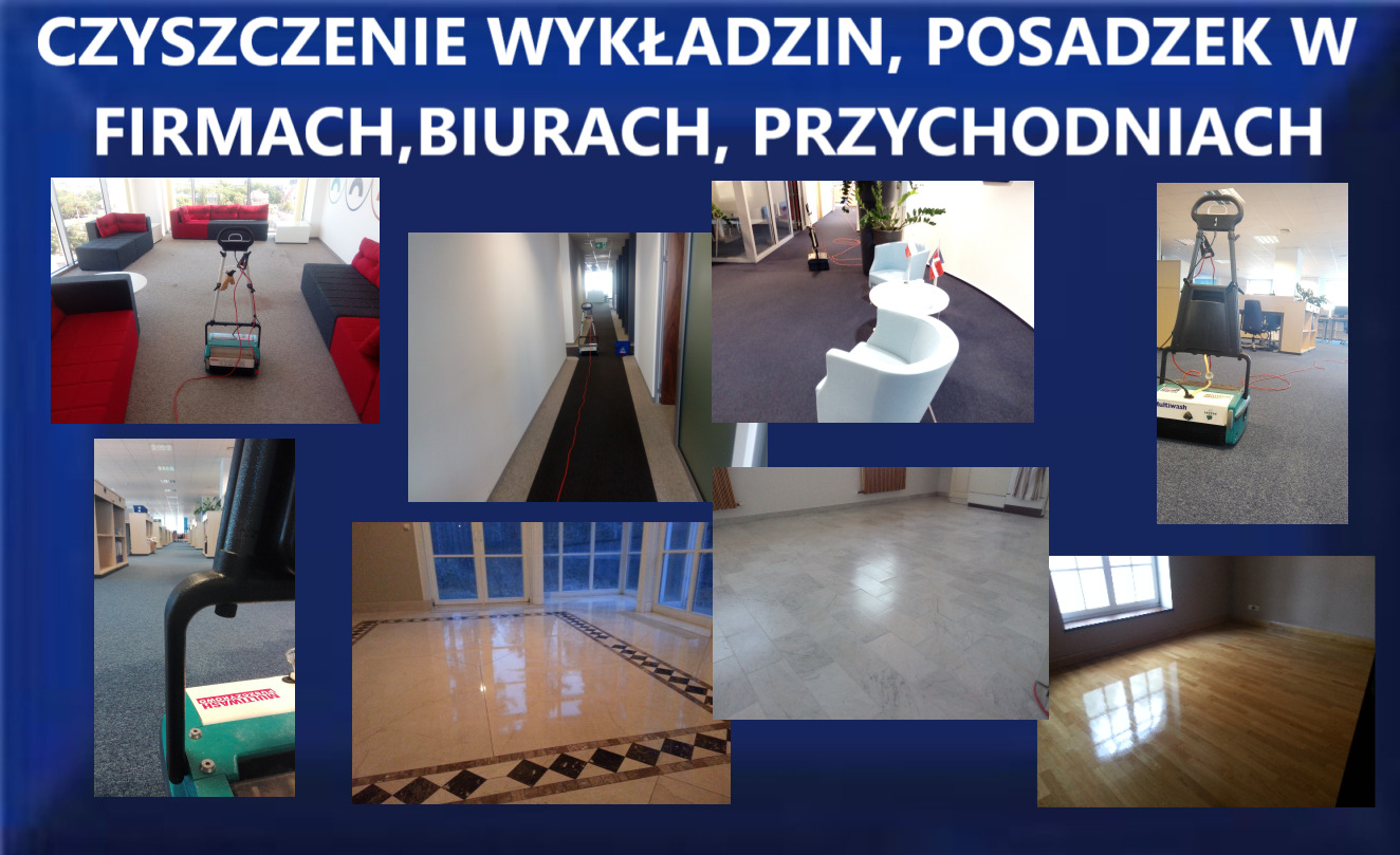 Kolaż zdjęć przedstawiających czyszczenie różnych rodzajów podłóg w przestrzeniach komercyjnych, w tym wykładzin dywanowych w biurach i posadzek w firmach, z użyciem specjalistycznych maszyn...