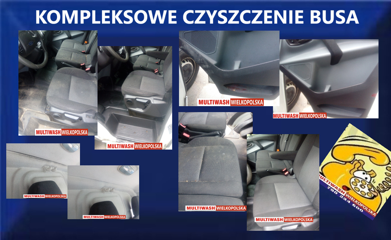 Mozaika zdjęć przedstawiająca wnętrze busa przed i po czyszczeniu, z widocznymi siedzeniami, podłogą, sufitem i drzwiami. Na zdjęciach widać różnicę w czystości przed i po, z logo firmy Multiwash...