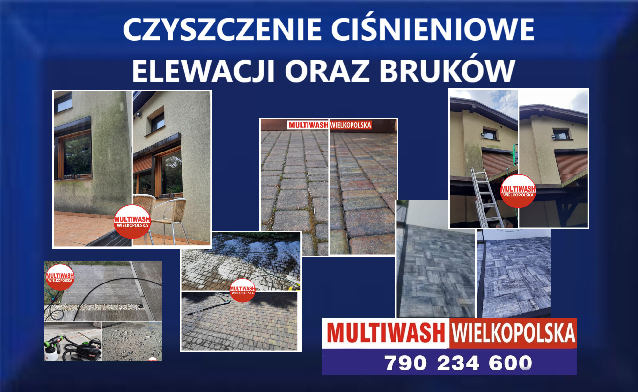 Kompozycja zdjęć przedstawiających efekty czyszczenia ciśnieniowego elewacji i kostki brukowej, z widocznymi różnicami przed i po zabiegu, oraz logiem firmy i numerem telefonu.