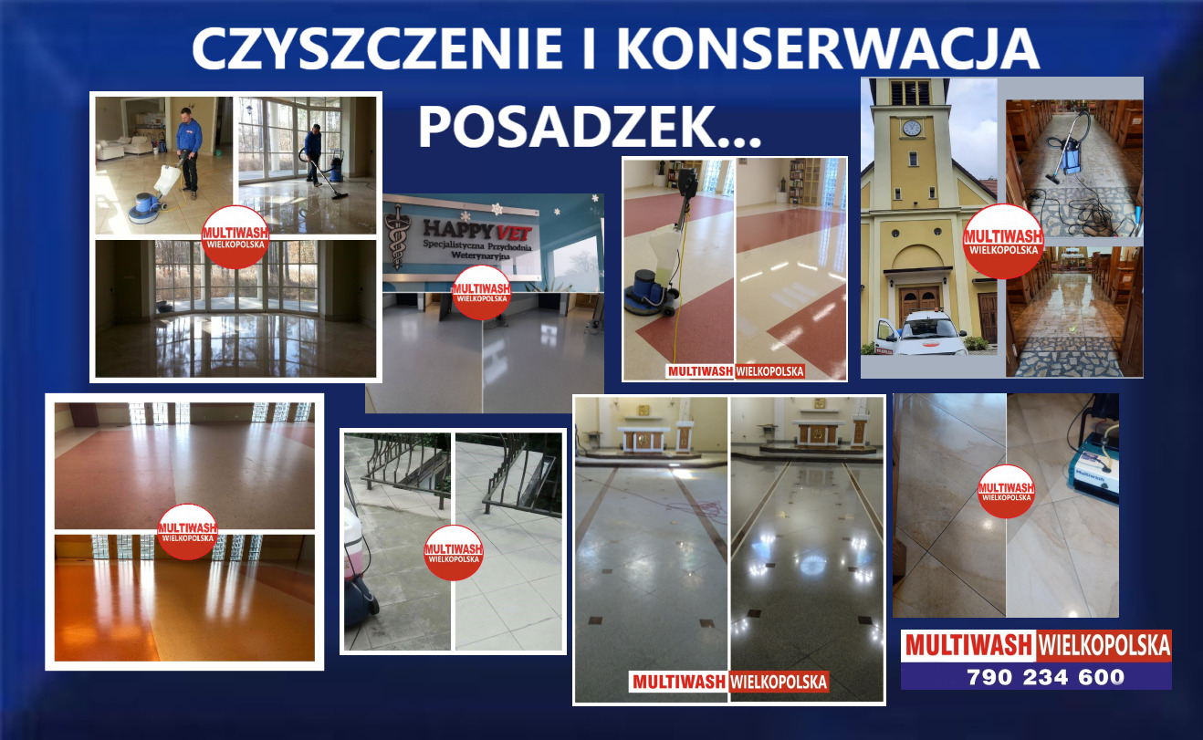 Kolaż zdjęć prezentujący czyszczenie i konserwację różnych rodzajów posadzek, w tym marmurowych, drewnianych, betonowych i ceramicznych, w różnych lokalizacjach, od wnętrz domów i biur po kościoły...