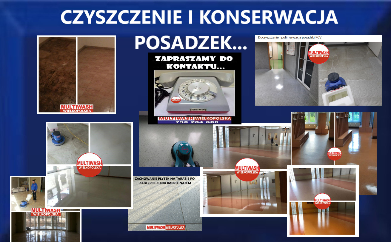 Kompozycja zdjęć przedstawiających czyszczenie i konserwację różnych rodzajów posadzek, w tym porównanie przed i po, użycie maszyny czyszczącej oraz zabezpieczenie płytek na tarasie impregnatem,...