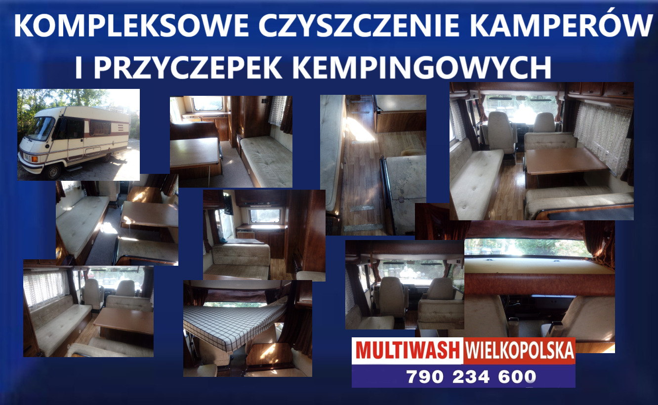Kompozycja zdjęć prezentująca wnętrze i zewnętrze kampera przed czyszczeniem, z widocznymi zabrudzeniami na tapicerce i podłodze, oraz logo firmy 'Multiwash Wielkopolska' z numerem telefonu.