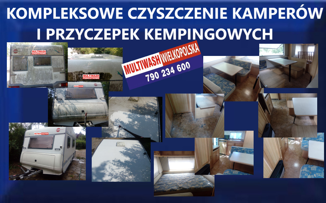 Kompozycja zdjęć przedstawiających czyszczenie kamperów i przyczepek kempingowych: widoczne etapy mycia zewnętrznego i sprzątania wnętrza, w tym usunięcie zabrudzeń z dachu i ścian, a także...