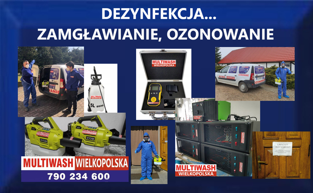 Kolaż zdjęć przedstawiający sprzęt i osoby w kombinezonach ochronnych podczas dezynfekcji i ozonowania, w tym zamgławiacze, generatory ozonu, samochód z napisem 'Ozonowanie', detektor ozonu...