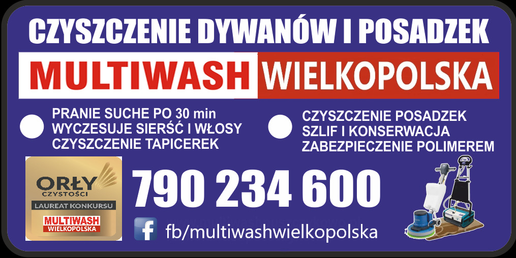Reklama firmy Multiwash Wielkopolska oferującej czyszczenie dywanów i posadzek, z informacjami o praniu suchym, wyczesywaniu sierści i włosów, czyszczeniu tapicerek, szlifie i konserwacji posadzek,...