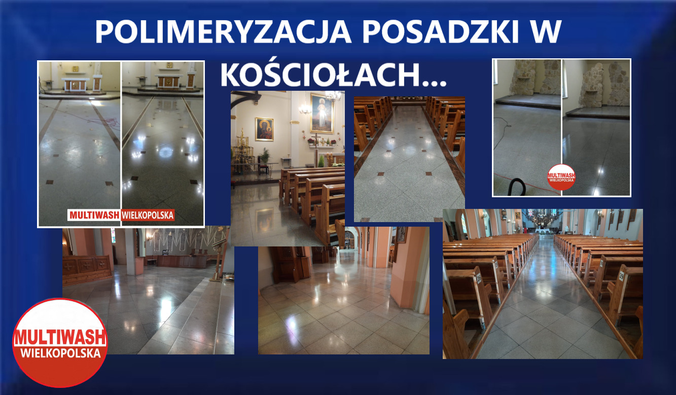 Kolaż zdjęć przedstawiających posadzki w kościołach po zabiegu polimeryzacji, z widocznym efektem lśniącej, czystej powierzchni. Na niektórych ujęciach widoczne wnętrze kościoła z ławkami...